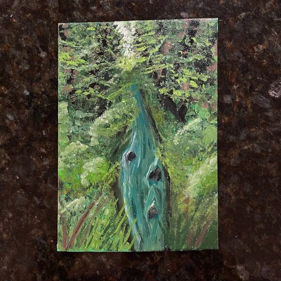 Handmade acrylic painting river through woods 5X7 - Picture 3 of 3